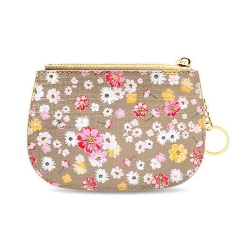 Coin Purse Wallet with Keyring, Small Zipper Pouch, Credit Card Holder, Taupe with Pink and Yellow Flowers (Taupe)4