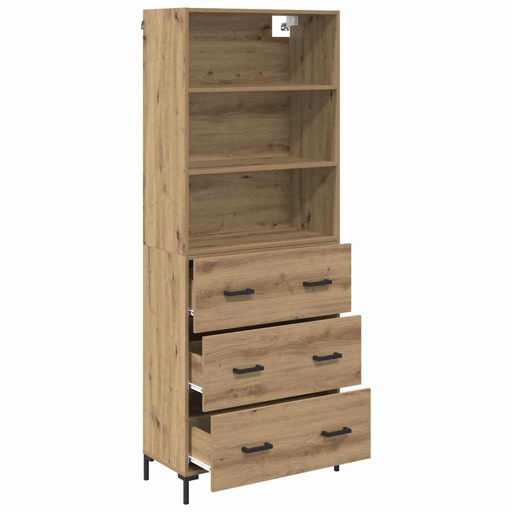 Artisan Oak Engineered Wood Highboard with 3 Drawers | Features a slim profile measuring 27.4 x 13.4 x 70.9 inches, providing vertical storage for living or dining rooms.