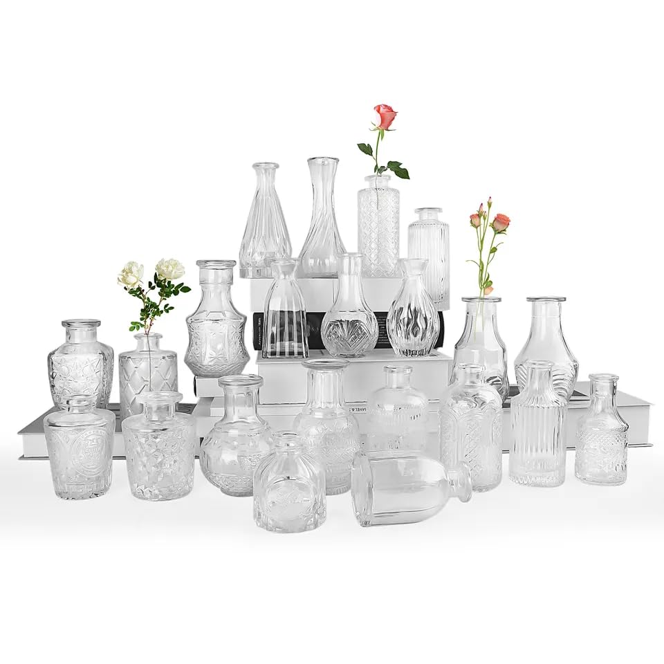 Glass Bud Vases Set of 30 (MISSING ONE ITEM )