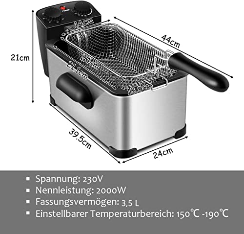 COSTWAY Electric fryer with oil 2000 W, 3 L, stainless steel, viewing window, 60 min timer, 150 °C to 190 °C - Image 7