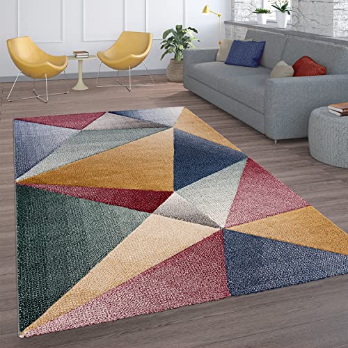 Paco Home Tapis De Salon Poils Ras Motif Diamant Géométrique Moderne avec Aspect 3D, Dimension:120x170 cm, Couleur:Multicolore Cover