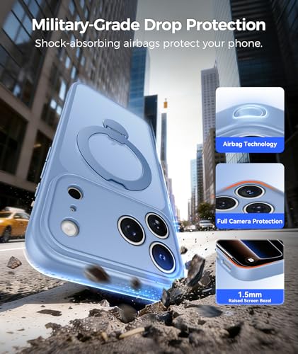 Image of FNTCASE for iPhone 17 Pro Case: [360 Spin Magnetic Stand] [Compatible with Magsafe] [Screen Protector] Translucent Matte Military Grade Shockproof Full Camera Protective Phone Cover - Light Blue
