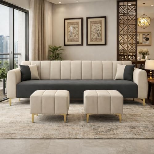 Image of Habibi 5 Seater L Shape Sofa Set with 2 Movable Ottomans | Flexible Layout | Rich Velvet Suede Fabric | Silver Legs | Dual Tone Modern Sofa for Living Room (Dark Grey-Cream)