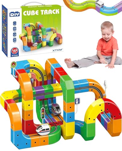 Starnearby Cubix Zug 3D Bahn 123Pcs Clickrail Electric Train Set Kinder Cube Track Flexible Autorennbahn Kinder Cubix 3D Zugrouten mit Mix-and-Match Toy Gifts f&uuml;r Kinde
