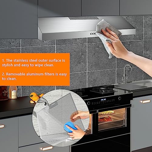 Upgraded 600 CFM Range Hood 30 inch, Under Cabinet Range Hood for Duct/Ductless Convertible, Stainless Steel Kitchen Stove Vent with 3 Speed Kitchen Exhaust Fan and Two Bright Energy-Saving LED