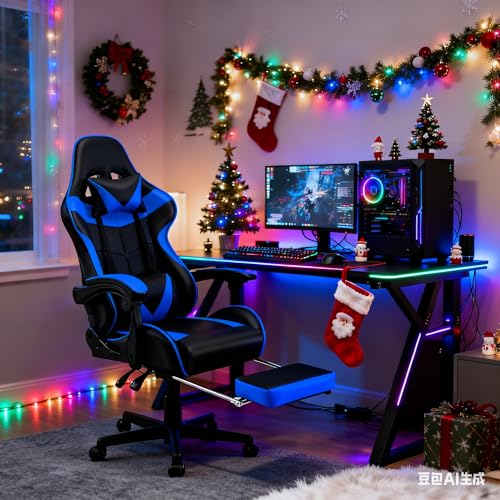 Soontrans Gaming Stuhl Massage, Gaming Sessel mit Fußstütze & Kopfstütze & Massage-Lendenkissen,...