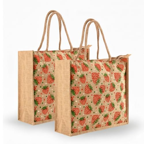 Image of Kuber Industries 2 Pcs Jute Shopping Bag for Women with Handle | Reusable Carry /Shopping Bag for Grocery, fruits & Vegetable | Strawberry Print - Brown