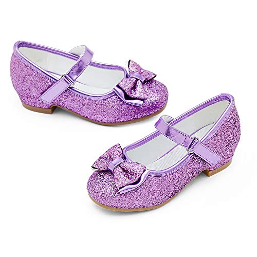 STELLE Girls Mary Jane Glitter Shoes Low Heel Princess Flower Wedding Party Dress Pump Shoes for Kids Toddler(Purple, 9MT)