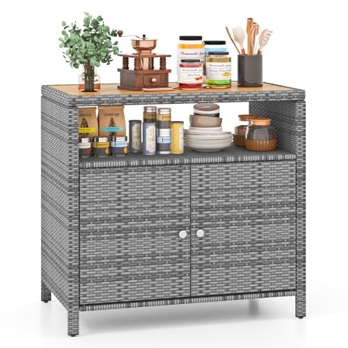LIFEZEAL Aparador de Rattan PE, Armario de Cocina con Tablero de Madera de Acacia, Mueble con Tapa Abierta y 2 Puertas, 90x53x86 cm, para Terraza, Jardín y Patio (Gris)