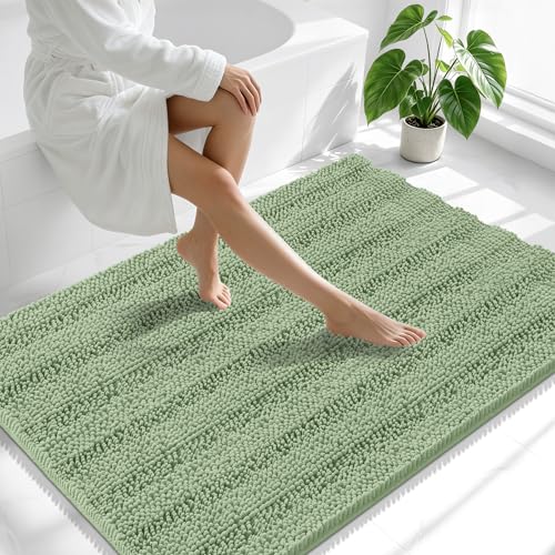 Image of Smiry Thick Chenille Large Bathroom Rugs 47x32, Extra Soft Absorbent Striped Bath Mat, Machine Washable, Rubber Backing, Bath Rugs for Bathroom, Tub & Shower, Home Decor Accessories, Sage Green