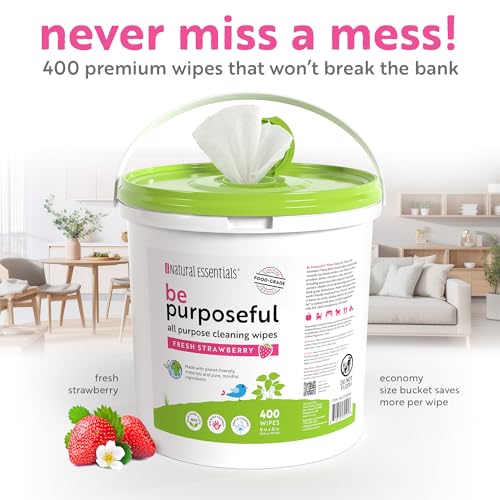 Natural Essentials Be Purposeful 400ct Cleaning Wipes, All Purpose Food-Grade Cleaner, Non-Sticky Plant-Based Cloth - Kitchen, Baby Toys, Cribs, Pacifier Wipe, Strawberry Scent (2 PK) - Thumbnail 5