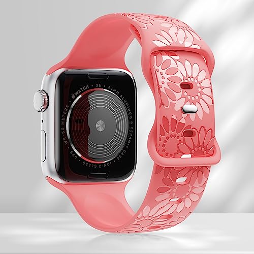 Image of Sunflower Engraved Band Compatible with Apple Watch Bands 38mm 40mm 41mm 42mm 44mm 45mm 49mm Women, Designer Soft Glossy Floral Silicone Strap for iWatch Series Ultra 11 10 9 8 7 6 SE 5 4 3 2 1