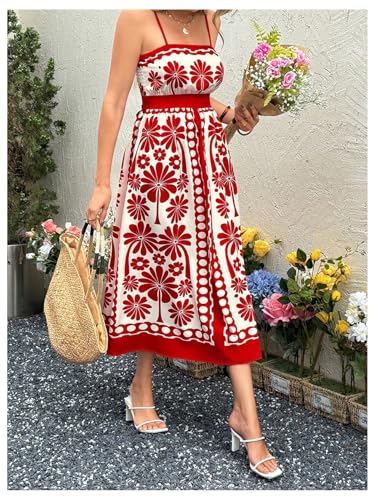 Floerns Women's Floral Spaghetti Strap Midi Dress Tie Back Vacation Smocked Dresses3