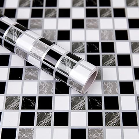 Hode Fliesenaufkleber Mosaik Fliesen Folie 44X500cm Schwarz und Weiß Möbelfolie Selbstklebend für Küche Badezimmer Bad DIY Dekorfolie Wasserdichtes Vinyl Cover