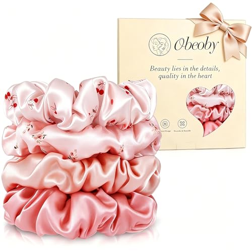 100% Pink Silk Scrunchies for Teen Girls 4Pack Cherry Silk Hair Ties for Girls Hair Sleep No Crease Frizz Breakage Gentle On All Hair Types Pink Gifts