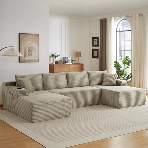 Image of 96 inch Sectional Couches for Living Room Cloud Couch Sofa with L-Shape Upholstered Boneless Couchs Modern Modular Sectional Couch with Chaise (Camel, 133 inch W+U Facing Chaise)