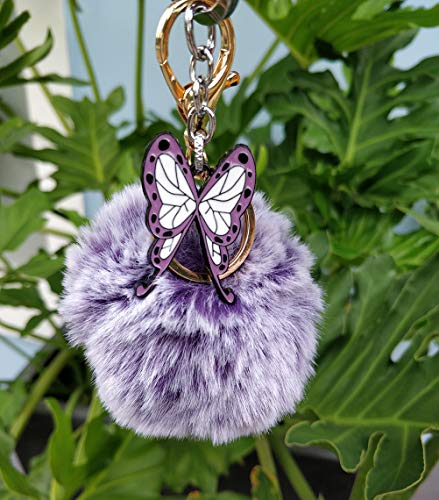 Tsangbaby Butterfly Keychains Car Keys Pom Pom Keychain Handbag Wallet Purse Charm Pendant Keychains for Women Girls Purple