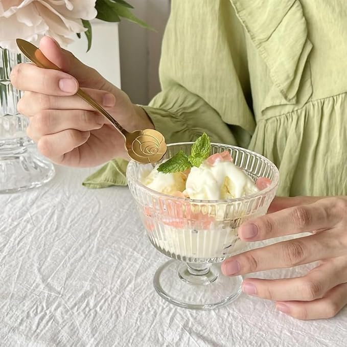 Image of Glass Ice Cream Bowls Set of 4 With Gold Spoon, Dessert Cups for Sundae, Fruit, Cocktail, 7.5oz Footed Parfait Cups (6 Pcs, 270 ml)