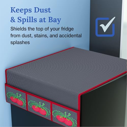 Image of Kuber Industries Non-Woven Fridge Top Cover | Washable & Anti-Dust Refrigerator Top Cover with 6 Utility Pockets for Kitchen | Strawberry Designs - Blue