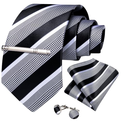 Image of DiBanGu Mens Striped Tie Silk Woven Necktie and Pocket Square Cufflinks Tie Clip Set Wedding Business Formal Gift Tie for Men