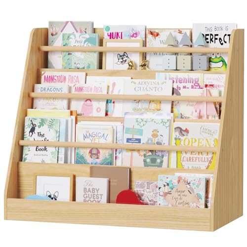 Lkeiyay Kids Bookshelf,Kids Wooden 4 Tier Book Display Shelf,Montessori Bookcase Kid Room, Toddler Bookshelf for Nursery Classroom (Natural)