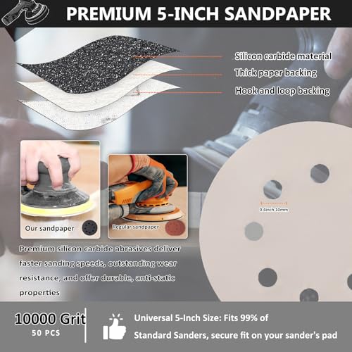 Image of 50PCS 5 Inch Sanding Discs 10000 Grit, Wet Dry Hook and Loop Sandpaper | 8 Hole Silicon Carbide Round Sand Paper, Water and Oil Resistant, Orbital Sander for Wood Metal Automotive Polishing