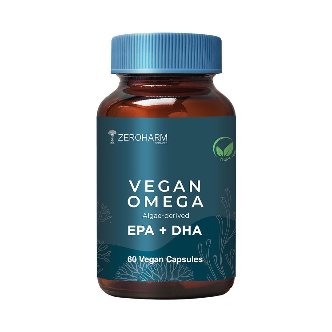 ZEROHARM Vegan Omega EPA + DHA Capsules - 100% Plant-Based Algae-Derived Omega 3 (Not Fish) - Supports Heart, Brain, Eye and Joint Health - For Men, Women & Kids - 60 Vegan Capsules