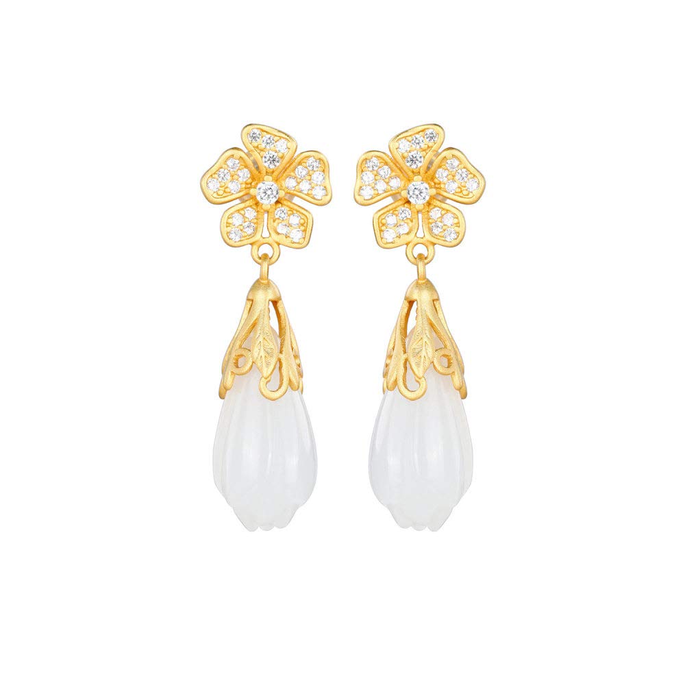 Vintage S925 Aretes De Plata Mujer Espárragos Oído Simple Inlay Chapado En Oro Flor Magnolia Jade Blanco Moda Corte Regalo Elegante Temperamento Creativo 3D