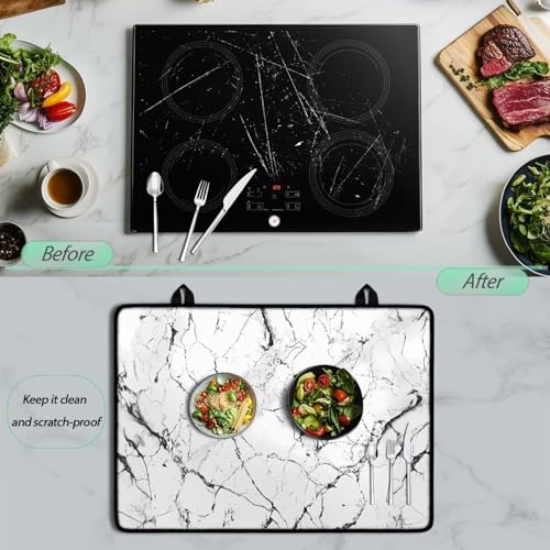 Image of Poceacles Glass Stove Cover Cooktop Protector Foldable Electric Stove Top Protector Non-skid Countertop Protector Washer Dryer Top Cover for Home Decor, White Black Marble