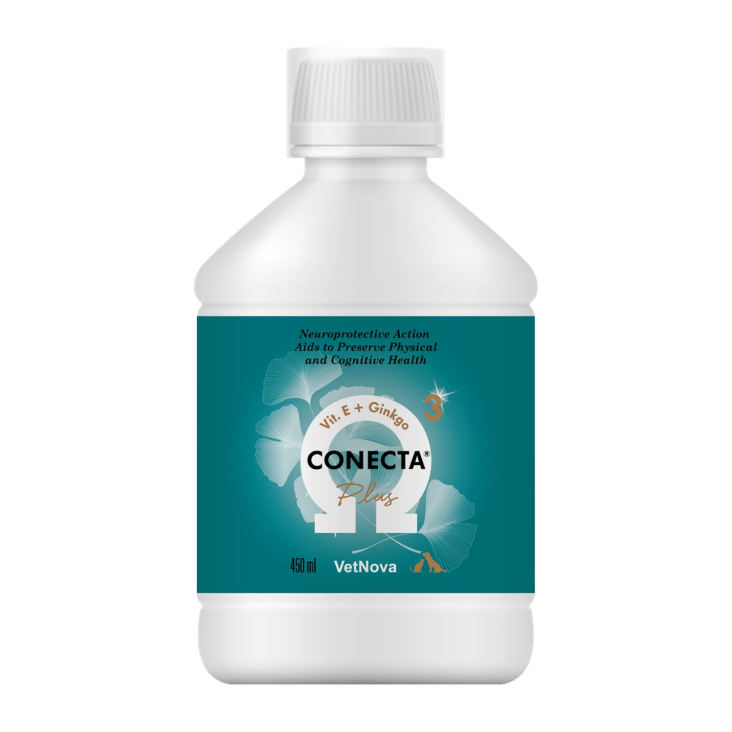 VetNova - Conecta Plus, Solución Oral con Omega-3 (DHA EPA), Vitaminas B, A, D3 y E con Ginkgo Biloba para Perros y Gatos, Ayuda a Preservar la Funcionalidad Cognitiva, Movilidad y Bienestar - 450 ml