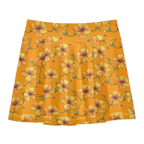 Floral in Orange Tennis Skirt for Girls with Built-in Shorts Flowy Pleated Skirt Kids with Pockets Skorts for Little Girl