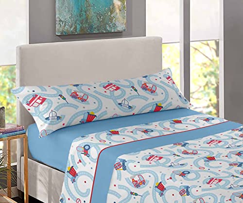 HARADECO Sábanas Infantil Cama 90 Microfibra, Juego de Sábanas de 3 Piezas Estampadas Camiones para Niños (Cama 90x190/200cm, Azul Cielo)