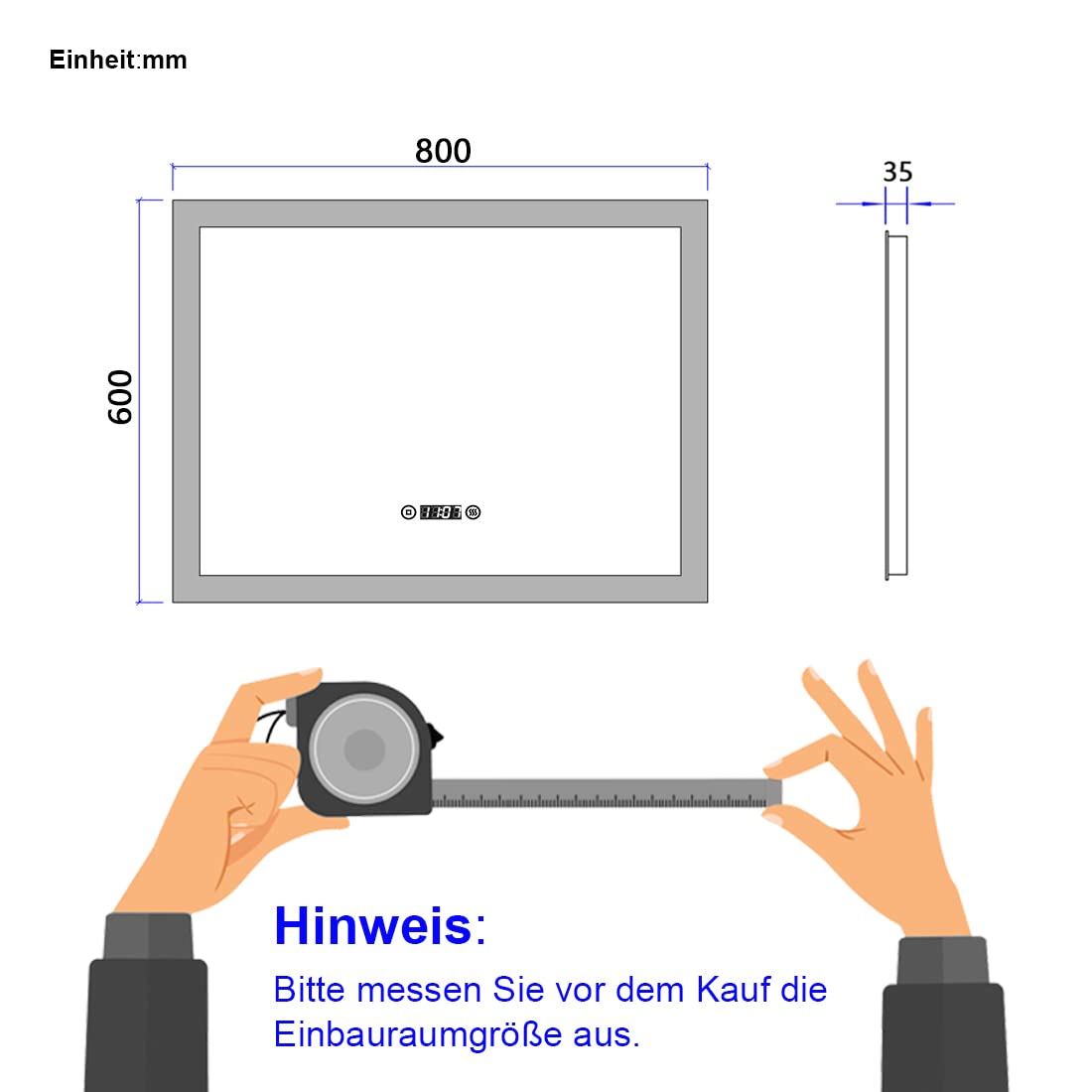 EMKE Lustro łazienkowe z oświetleniem LED, 80 x 60 cm, 3 barwy światła, zimna biel, neutralna biel, lustro łazienkowe z oświetleniem z włącznikiem dotykowym, powłoka przeciwmgielna, zegar, IP44