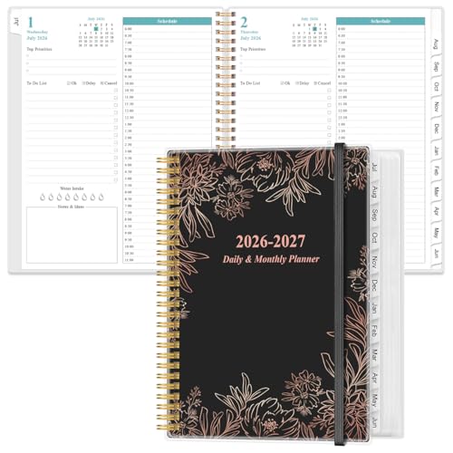 Daily Planner 2026-2027 Full Page Per Day- 2026-2027 Daily & Monthly Planner from July 2026 to June 2027, Day Planner 2026-27 with 12 Months Tabs, 8.5' x 11', Black Flowers