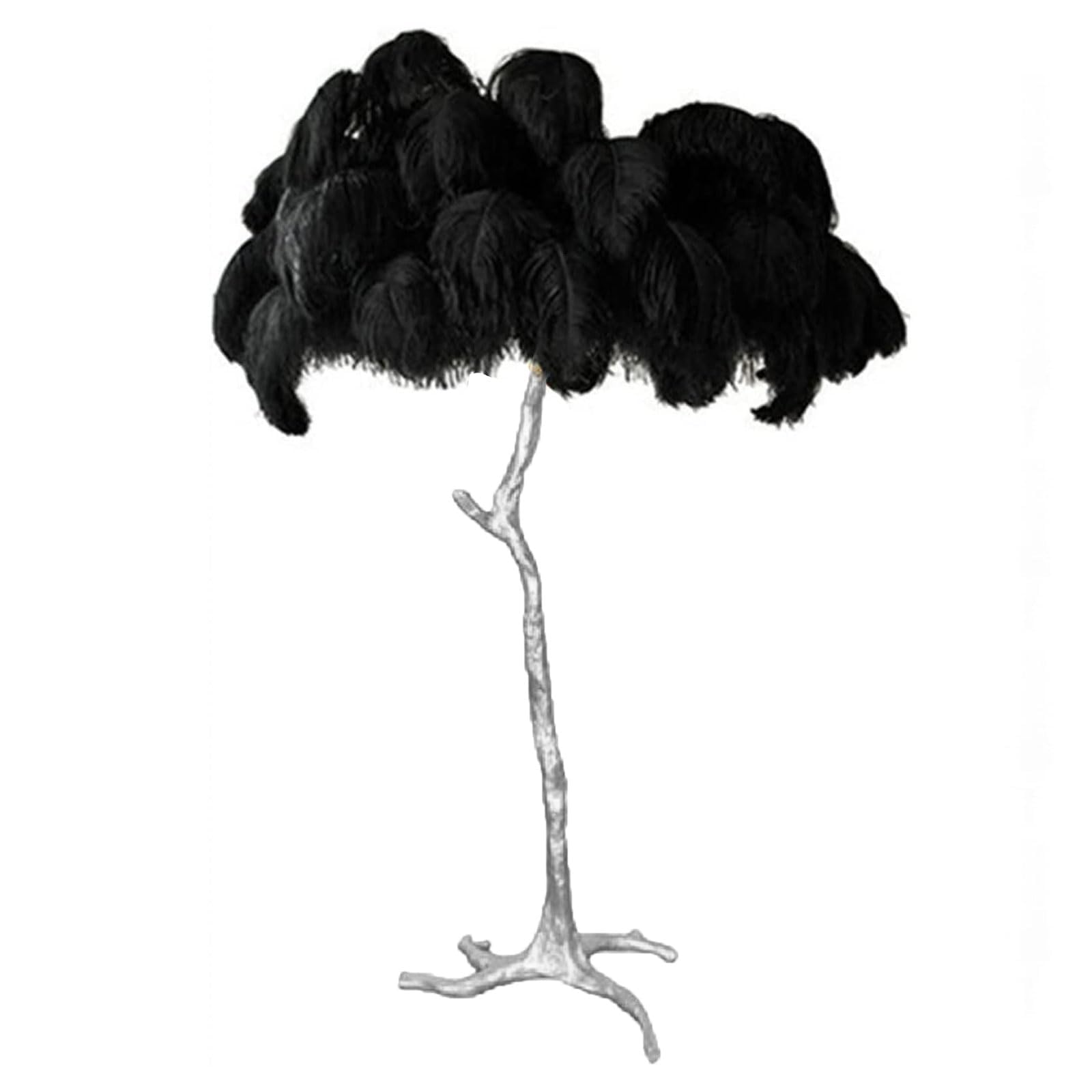 Romantic Girl Bedroom Lamp, Natural Ostrich Feather Floor Lamp Silver Resin Light Body Standing Light 3 Colors Dimmable Feather Lamps with Foot Switch, E14 LED Bulb,Black,150x90cm/59x35in