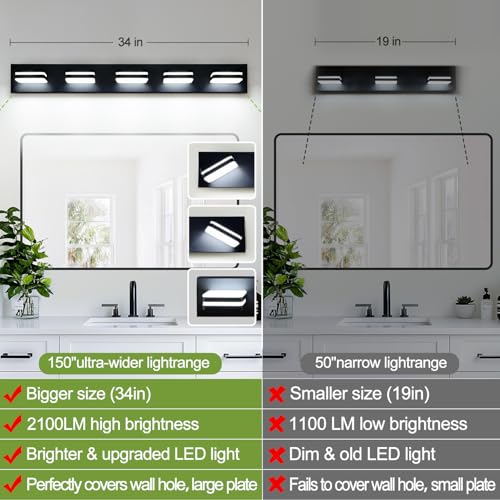 Image of Torondo 360 Rotate LED Bathroom Vanity Light Fixtures, Acrylic Vanity Lights for Bathroom, Modern Wall Lighting Fixtures Over Mirror Living, Matte Black, Natural White, 5-Light, 34-Inch