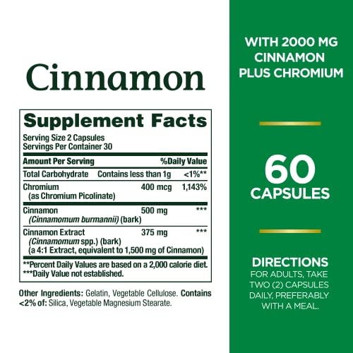 Nature's Bounty Cinnamon 2000mg Plus Chromium, Sugar Metabolism Support Supplement, 60 Capsules - Image 3