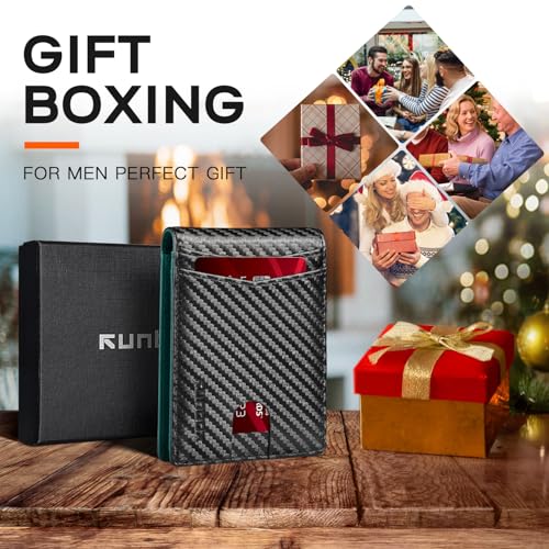 Image of RUNBOX Wallet for Men Slim Leather Bifold RFID Blocking Minimalist Front Pocket Design with Gift Box | Minimalist Front Pocket Design, Holds 8 Cards, RFID Protection, Gifts for Men on Birthdays, Father's Day, and Christmas