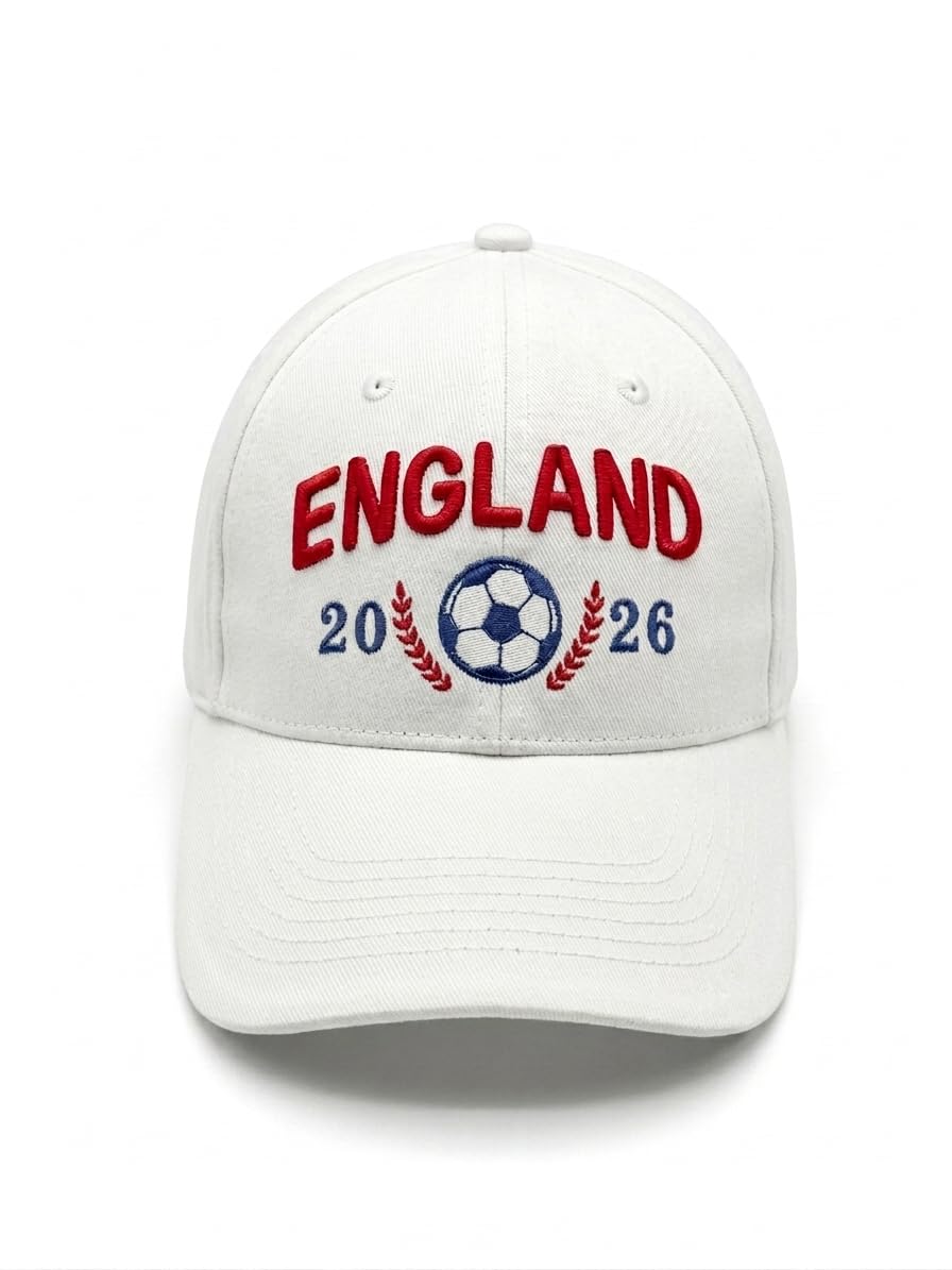 England 2026 Football Baseball Cap, Red, Embroidered Soccer Ball Design, World Cup Hat, 3D Foam (White)