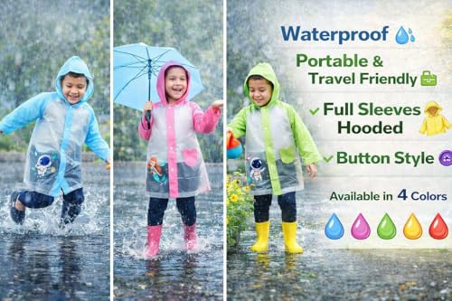 Image of Kids Waterproof Long Raincoat for Boys & Girls | Lightweight Hooded Rainwear with Pockets | Full-Length Rain Coat for School, Travel & Outdoor Use