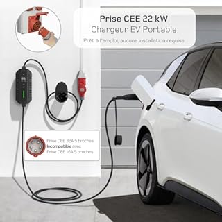 dé Chargeur Voiture Electrique 22kW 7m [6A-32A, Triphasé] Cable Recharge Voiture Electrique Type 2 32A, Chargeur EV Prise CEE Compatible avec Model Y, E-208, 500e et Autres EV/PHEV