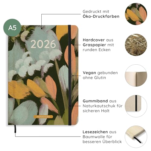 matabooks – A5 Kalender Samaya 2026 Farbe: Laurel (DE/EN): Veganer Jahresplaner aus nachhaltigem Graspapier