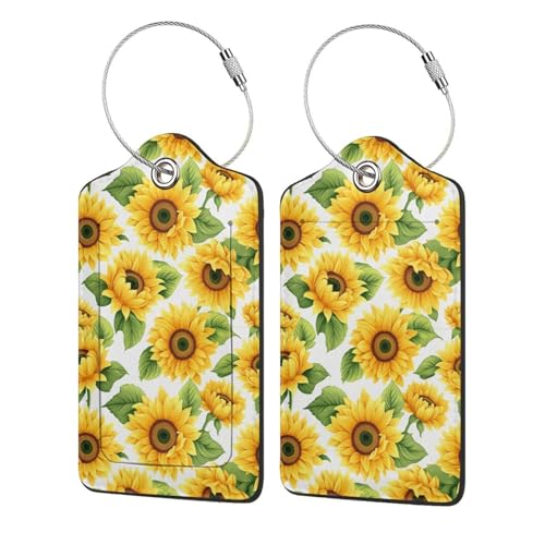 Lovely Sunflower Leather Luggage Tag with Stainless Steel Ring, Fun Name Id Card Cover Travel Bag Tag Set, Suitable for Travel Bag Luggage Women Men 4 PCS