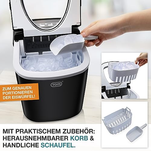 Foto von TOM Eiswürfelmaschine – 9 Eiswürfel in 6-8 min – 12 kg/24 h – 2 Würfelgrößen – Ice maker Eiswürfelmacher mit 1,3 l Wassertank – LED-Display – Inkl. Zubehör & Eiszange als Geschenk – Eiswürfelmaschine