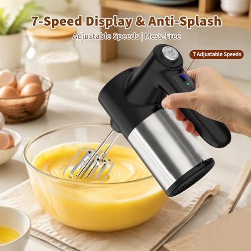 Image of Cordless Electric Hand Mixer, 7 Speed Rechargeable Wireless Handheld Mixer with Eject Button, Long Battery, Quiet Anti-Splash, 6x304 Stainless Steel Attachments & Storage Base for Baking (Black)