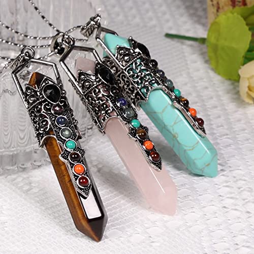 Nupuyai Vintage 7 Chakra Rose Quartz Crystal Point Pendant Necklace for Men Women Hexagonal Pendulum Reiki Healing Stone Pendant with Chain - Image 4