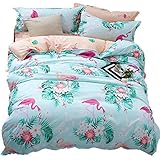 LAMEJOR Duvet Cover Set Queen Size Tropics Flamingo/Floral Pattern Luxury Soft Bedding Set Comforter Cover (1 Duvet Cover+2 Pillowcases) Pale Green/Pale Orange