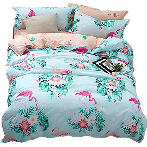 LAMEJOR Duvet Cover Set Queen Size Tropics Flamingo/Floral Pattern Luxury Soft Bedding Set Comforter Cover (1 Duvet Cover+2 Pillowcases) Pale Green/Pale Orange