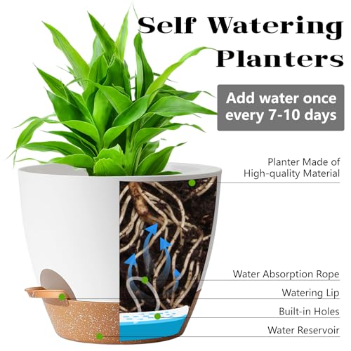 SE SUN-E 5Pack Self Watering Plant Pots for Lazy People, 7/6.5/6/5.5/5 Inch,White Plastic Self Watering Planter for All Houseplants,Succulent, African Violets,Snake Plants, Flowers and Cactus
