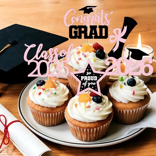 Image of 48 PCS Grad Cupcake Toppers, 6 Styles Graduation Cake Topper, Congrats Glittery Graduation Decorations 2026, Black and Pink Cap and Diploma Cake Picks for Grad Party Supplies